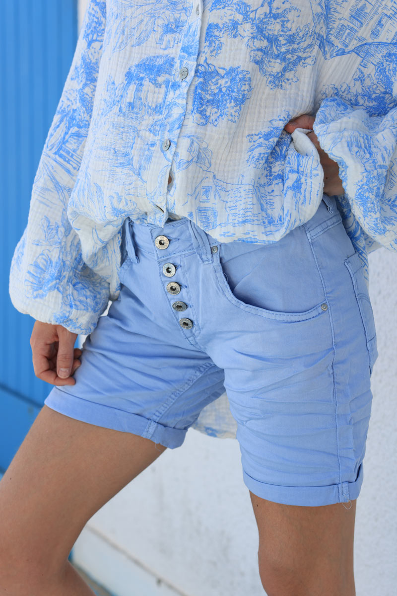 Short bleu ciel Place du Jour en toile boutons