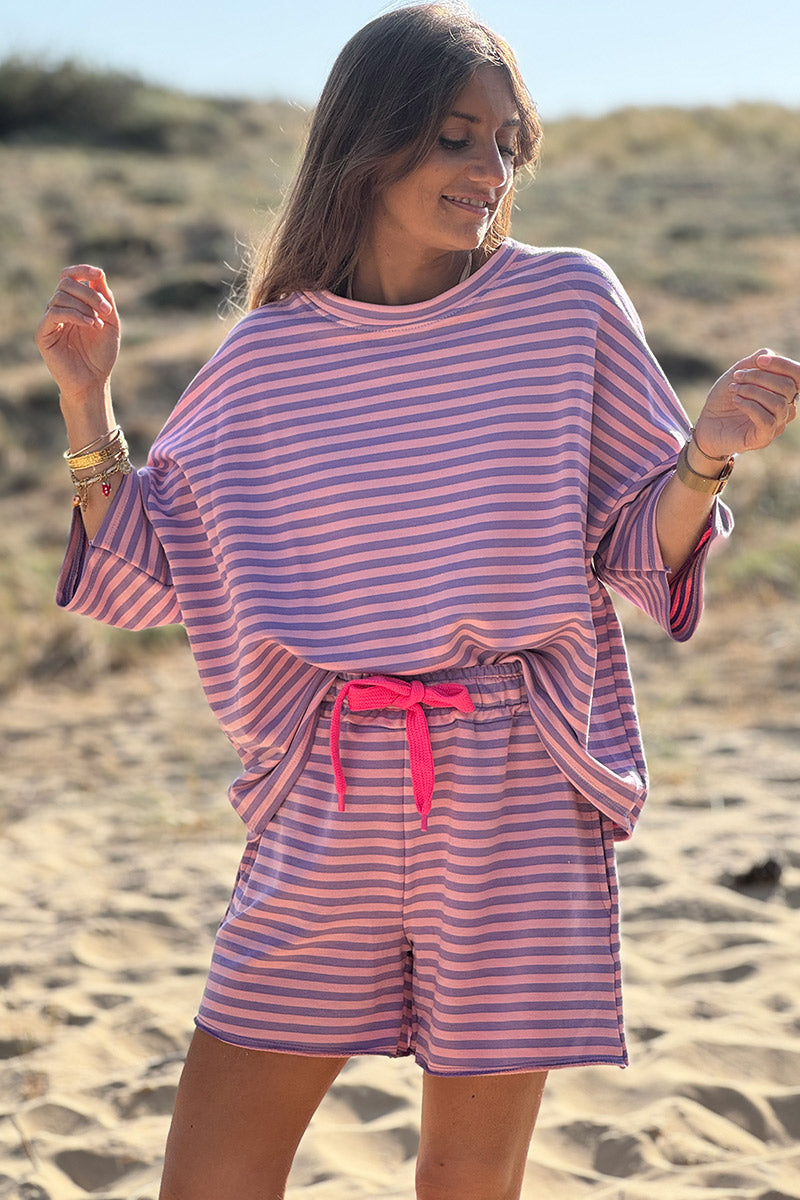 Purple Striped Drawstring Jersey Shorts
