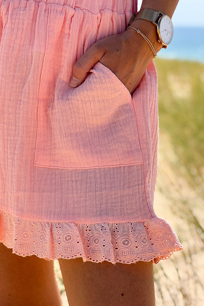 Coral Gauze Lace Trim Shorts
