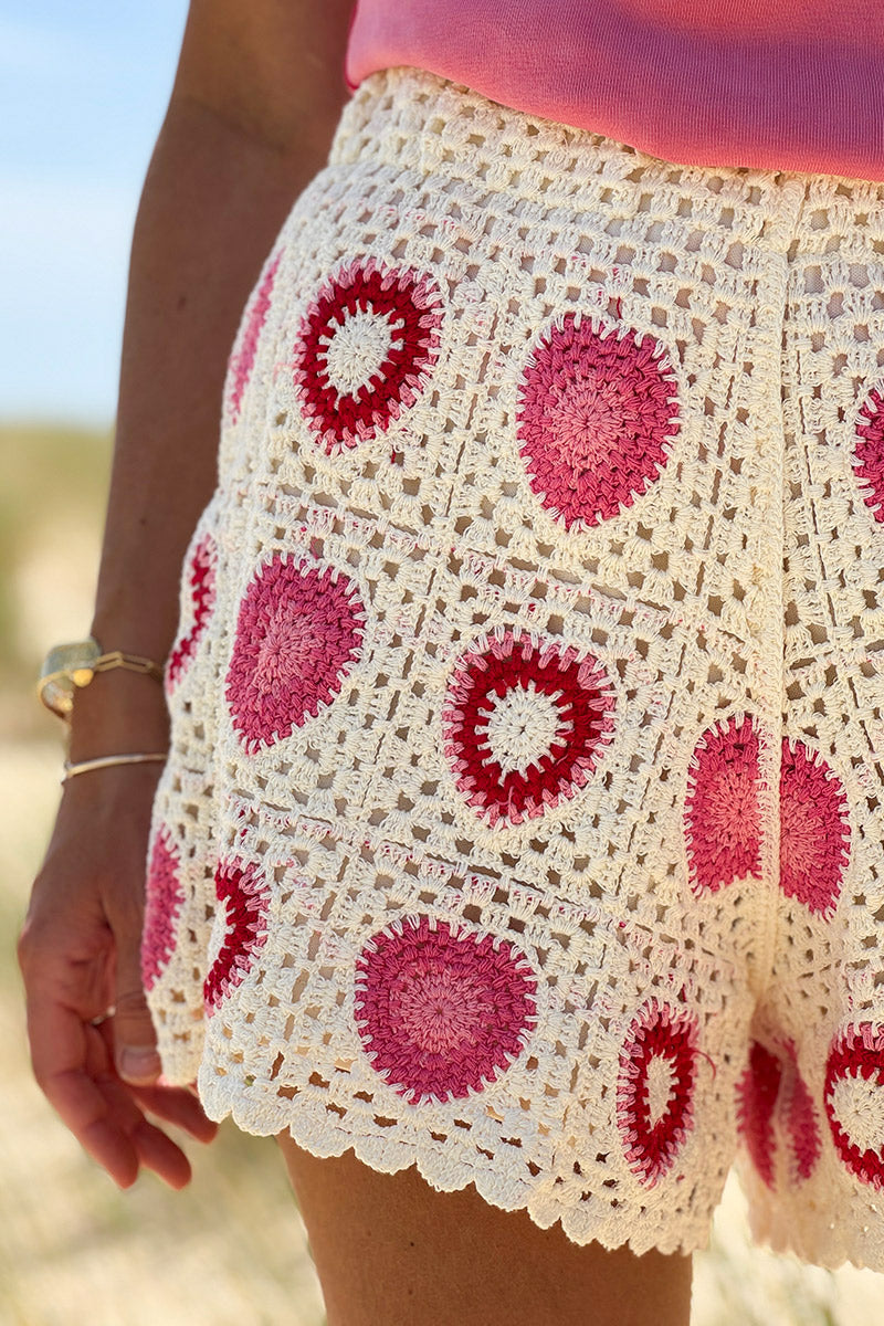 Cream Heart Crochet Squares Shorts