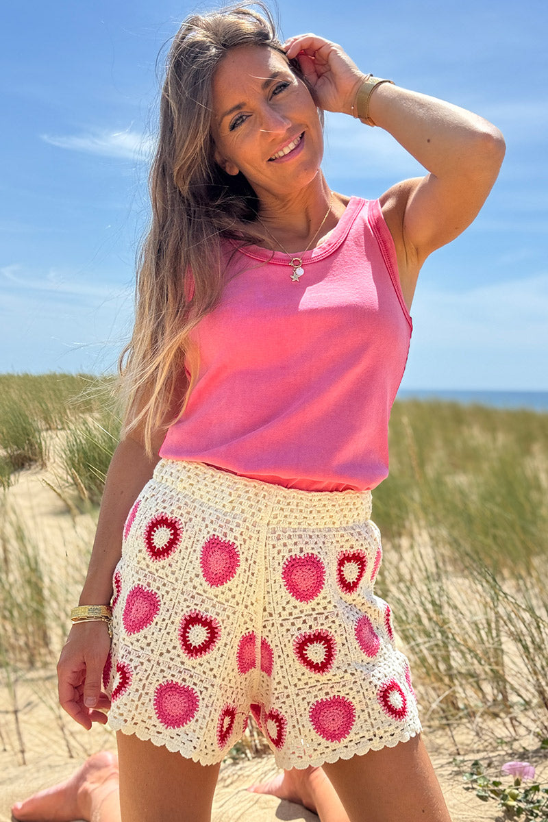 Cream Heart Crochet Squares Shorts