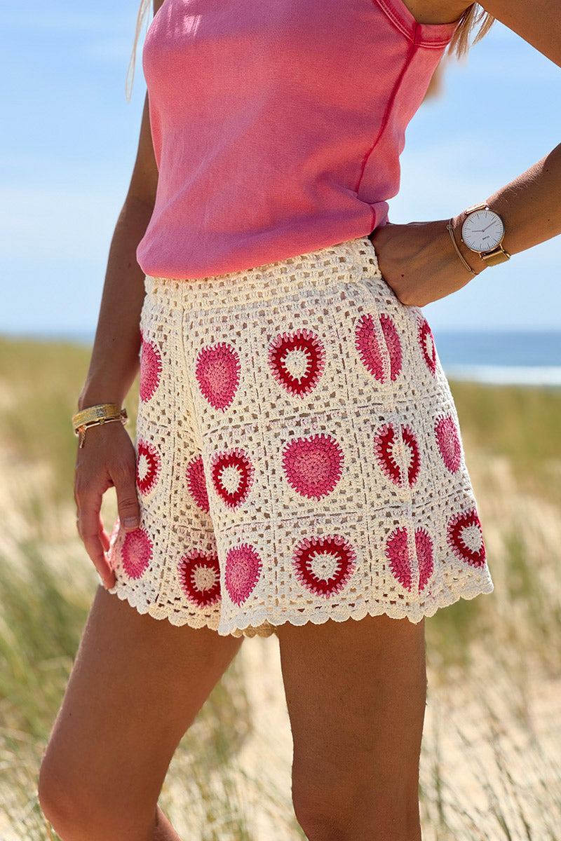 Cream Heart Crochet Squares Shorts