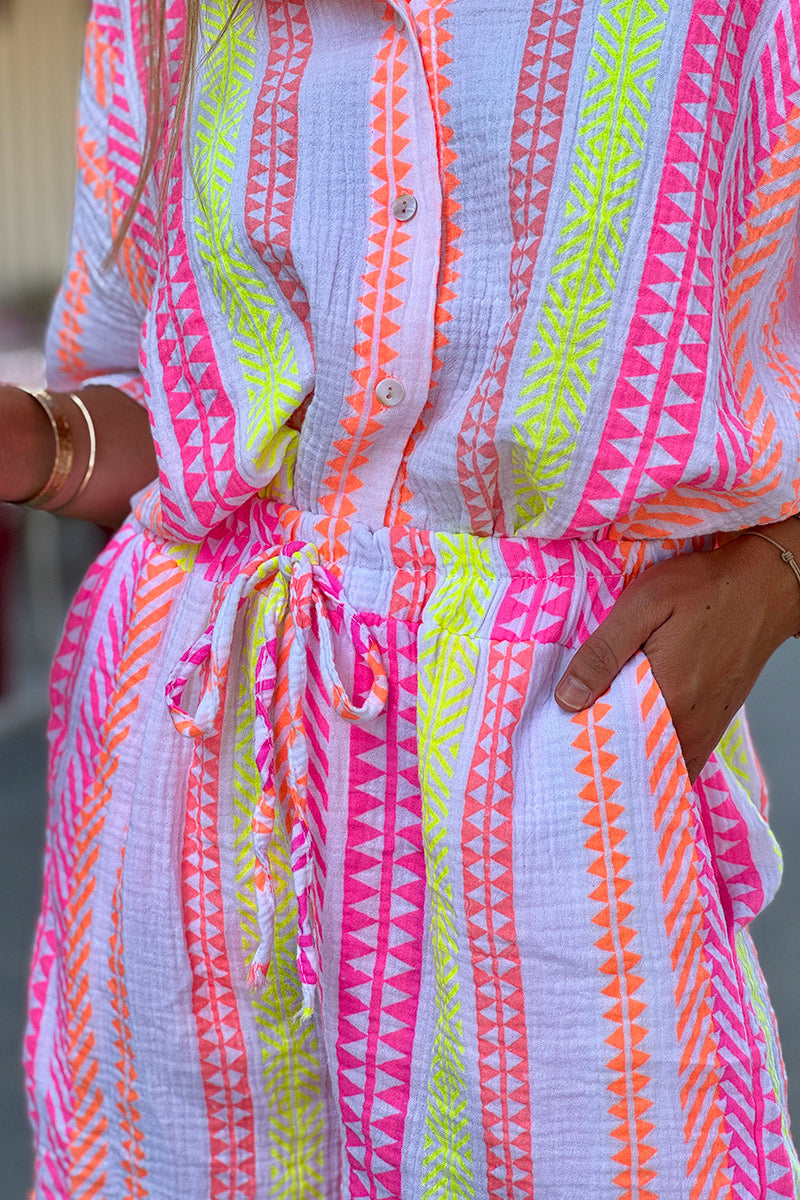 White Gauze Neon Stripe Pull-On Shorts