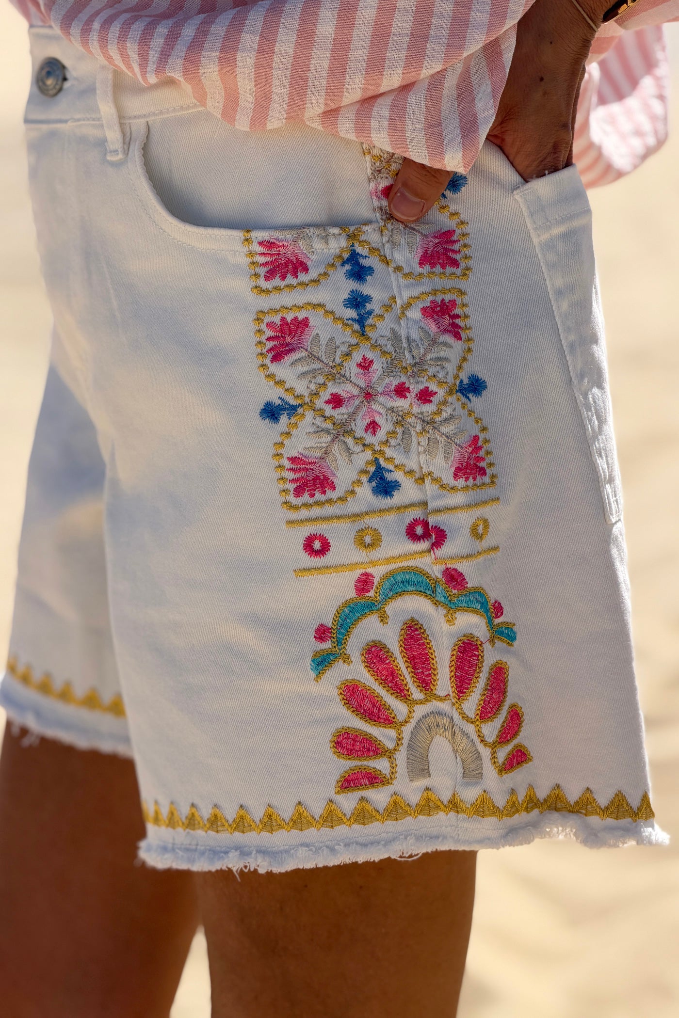 White Embroidered Outseam Cutoff Shorts