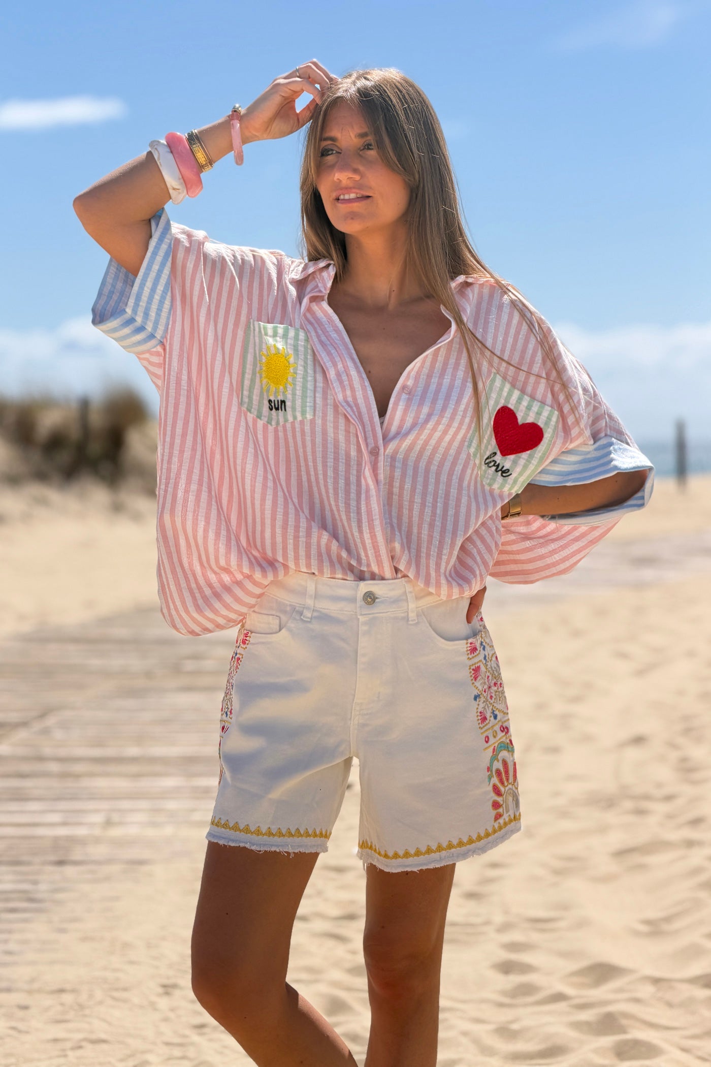 White Embroidered Outseam Cutoff Shorts