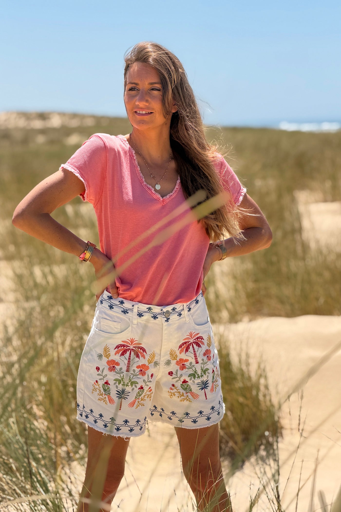 White Embroidered Tropical Floral Jean Shorts