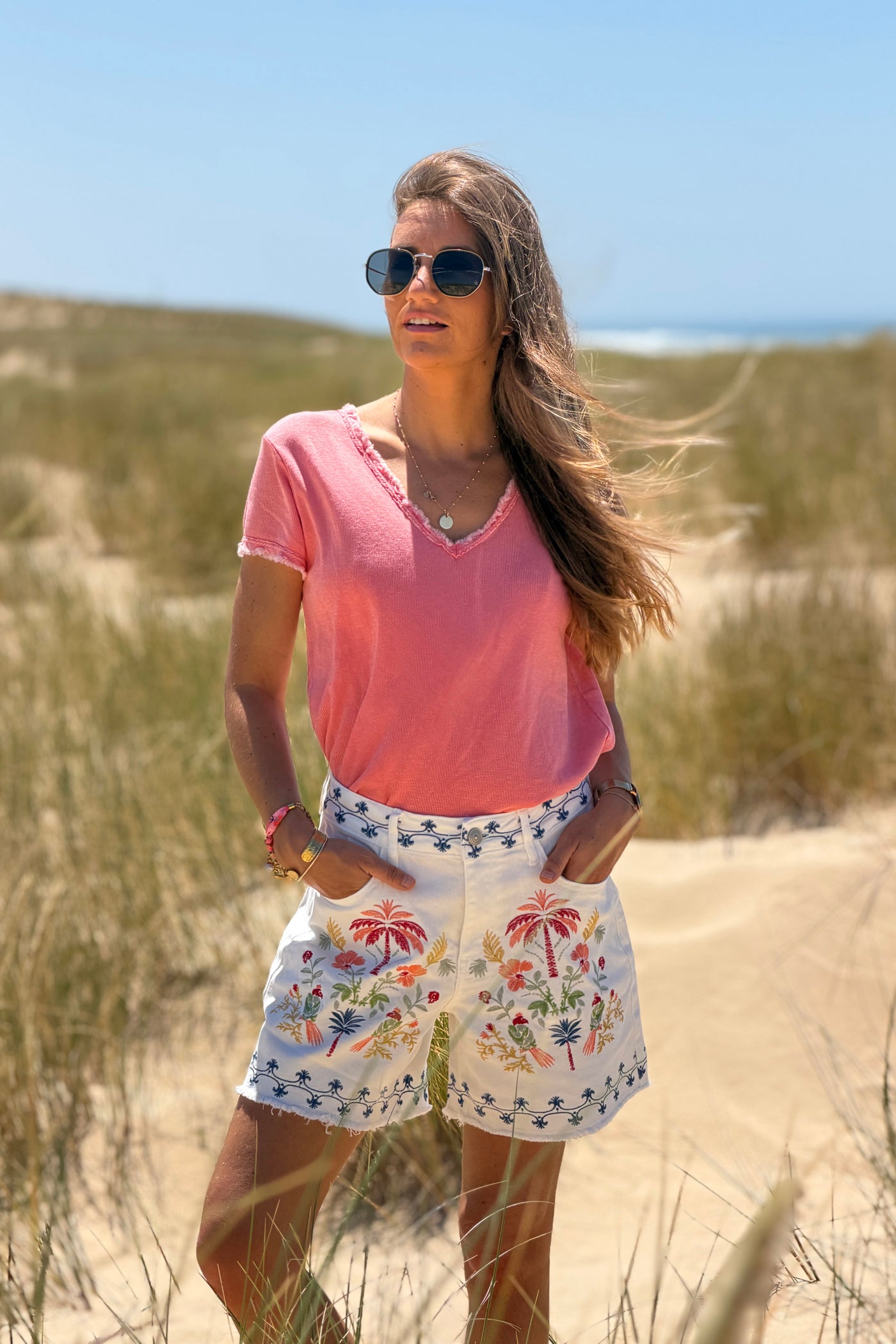 White Embroidered Tropical Floral Jean Shorts