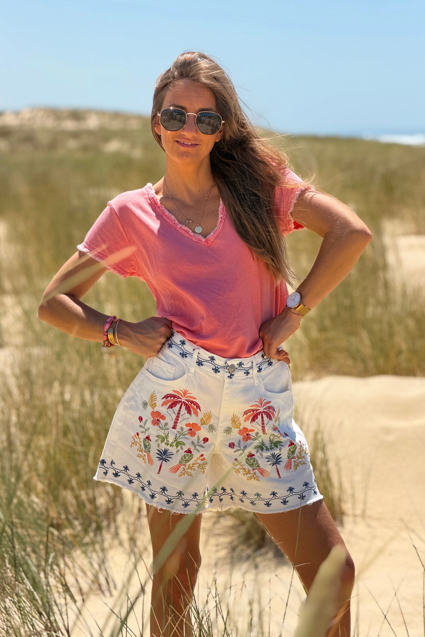 White Embroidered Tropical Floral Jean Shorts