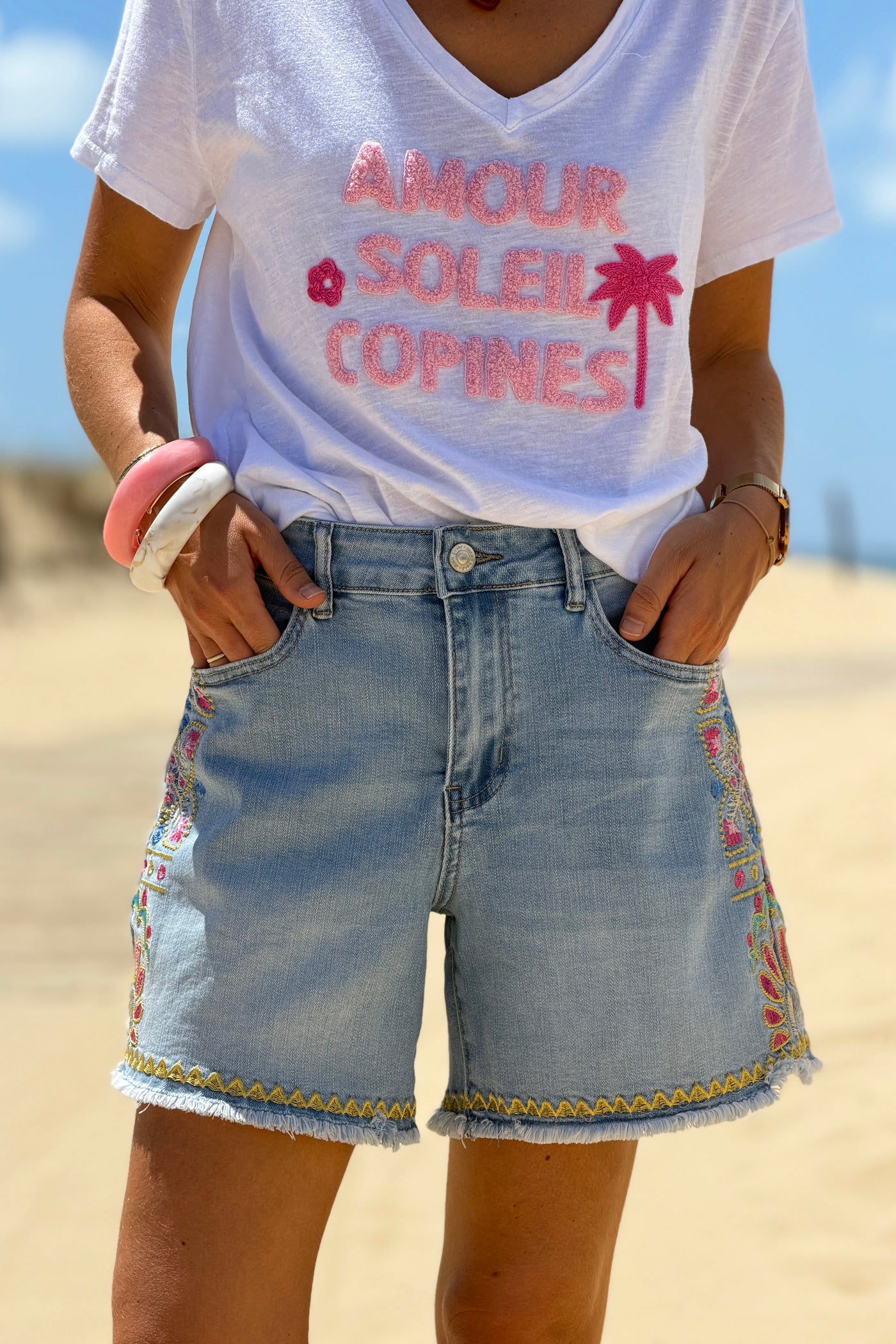 Chambray Embroidered Outseam Cutoff Shorts