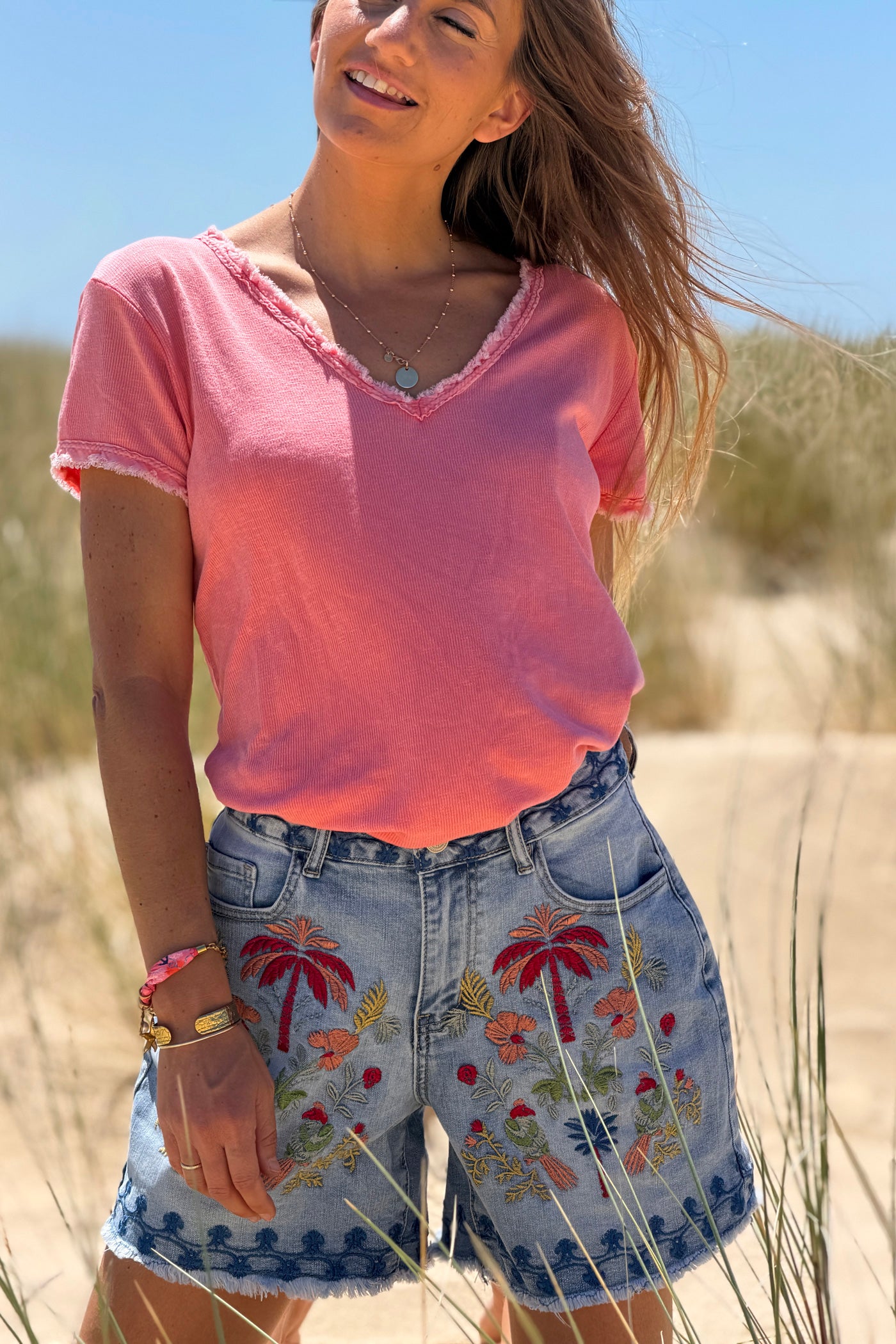 Light Chambray Embroidered Tropical Floral Jean Shorts
