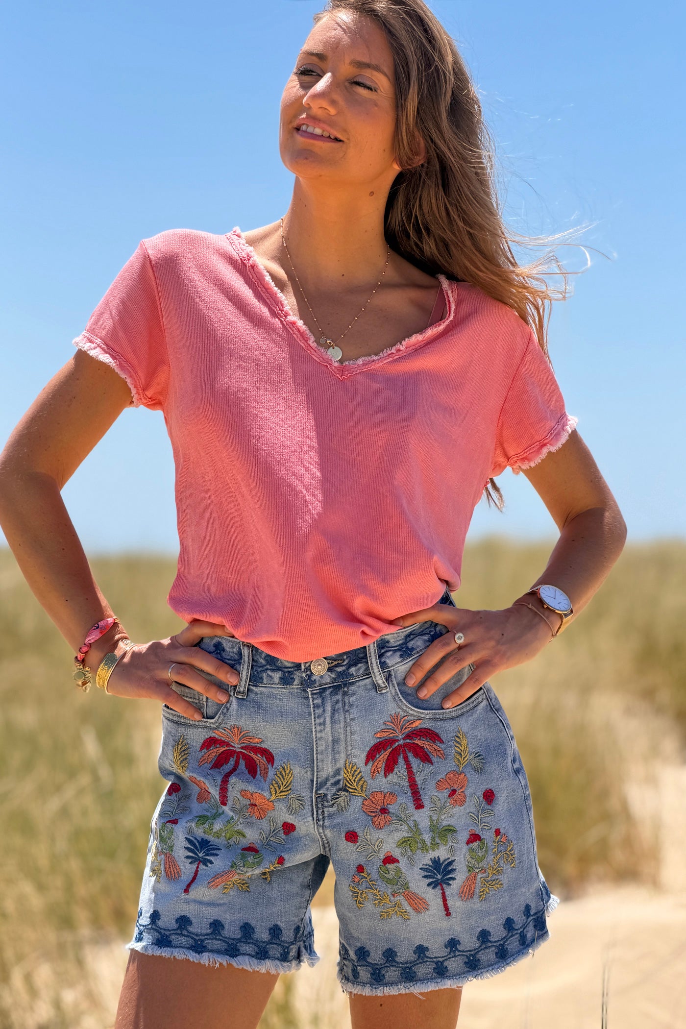 Light Chambray Embroidered Tropical Floral Jean Shorts