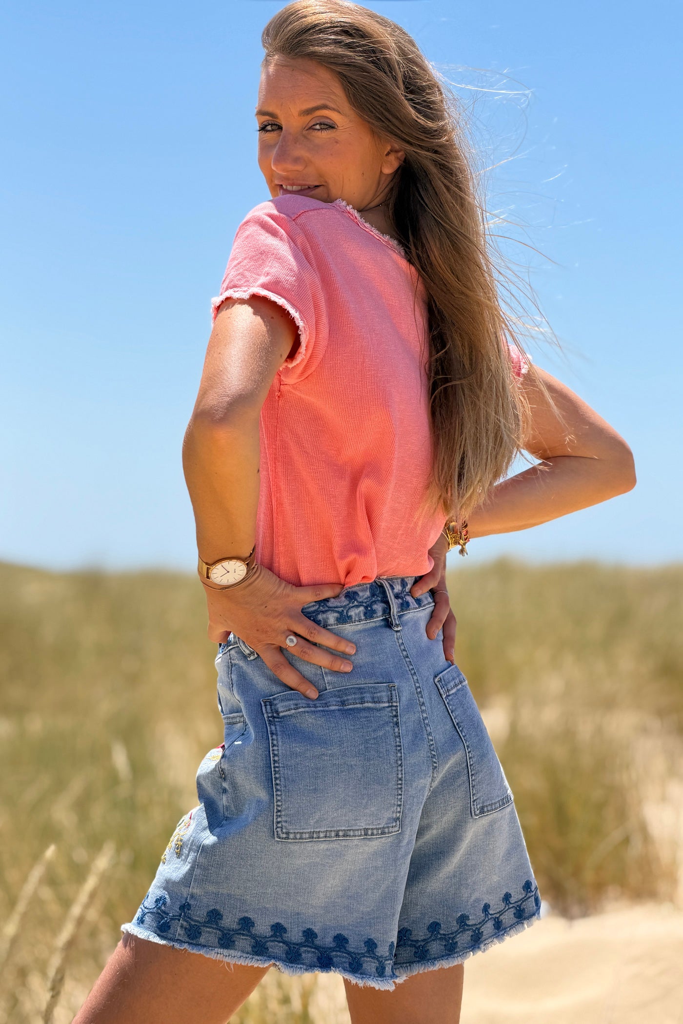Light Chambray Embroidered Tropical Floral Jean Shorts