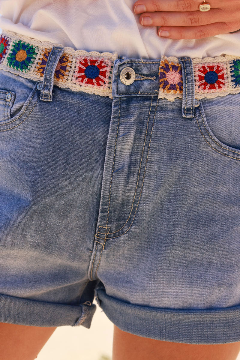 Medium Blue Vintage Denim Shorts with Crochet Squares Belt