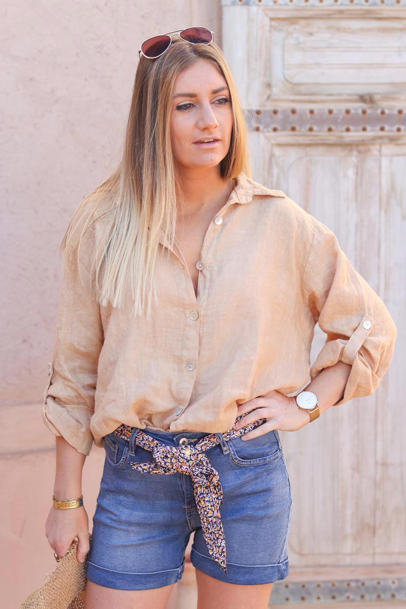 Short en jean denim delave avec revers ceinture foulard imprime h059 (1)