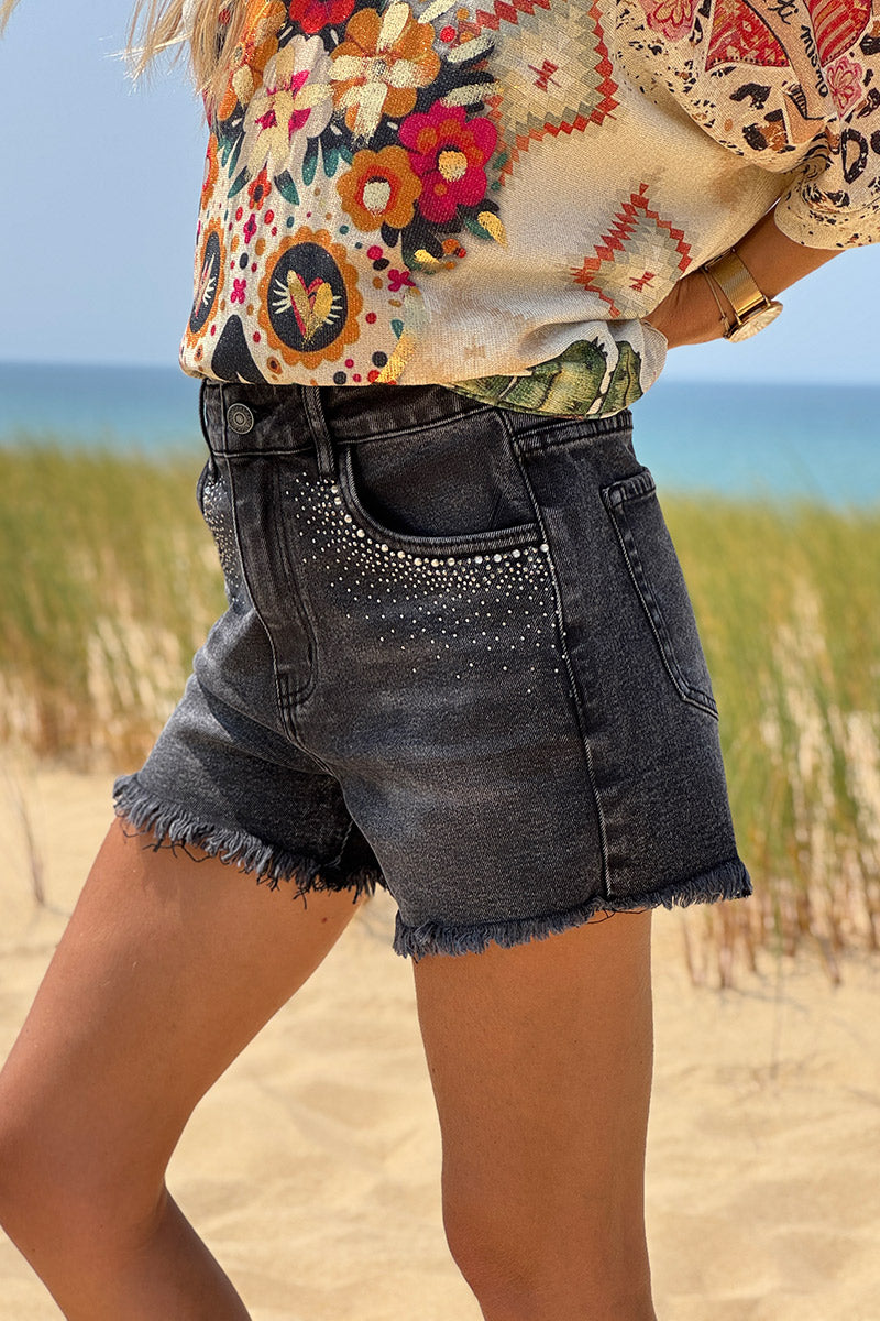 Black Vintage Wash Studded Denim Cutoffs