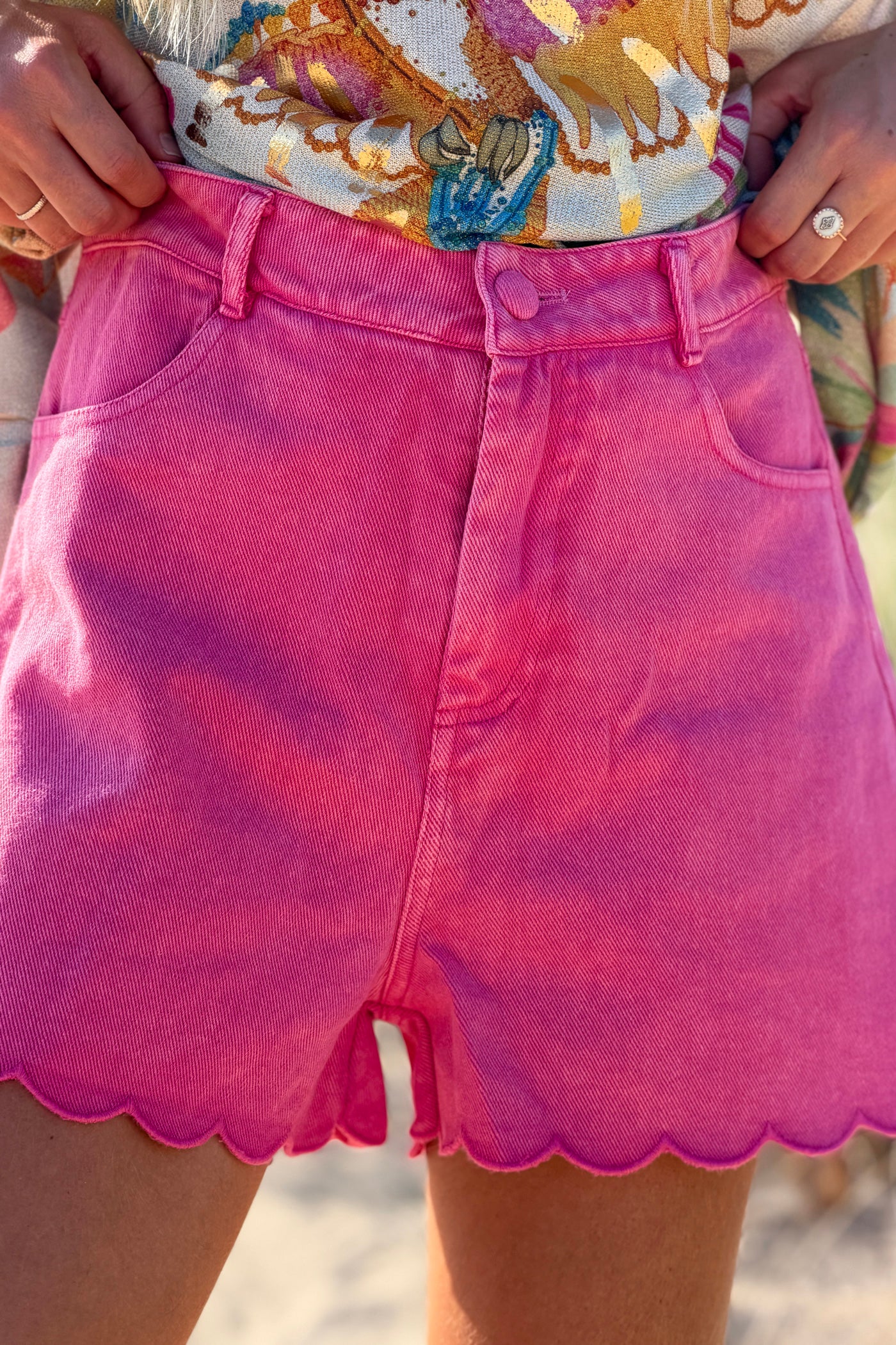 Hot Pink Scalloped Hem Twill Shorts