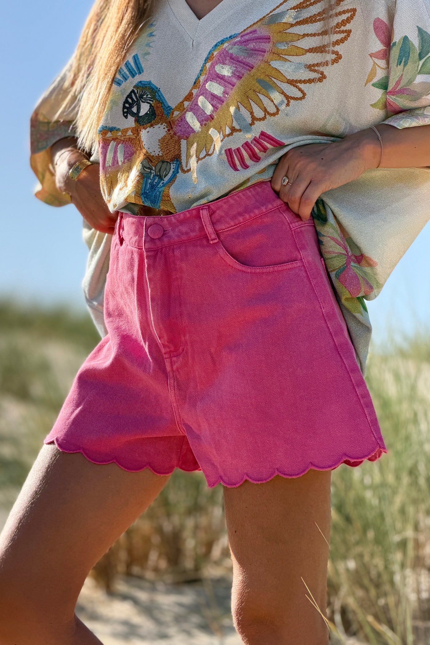 Hot Pink Scalloped Hem Twill Shorts