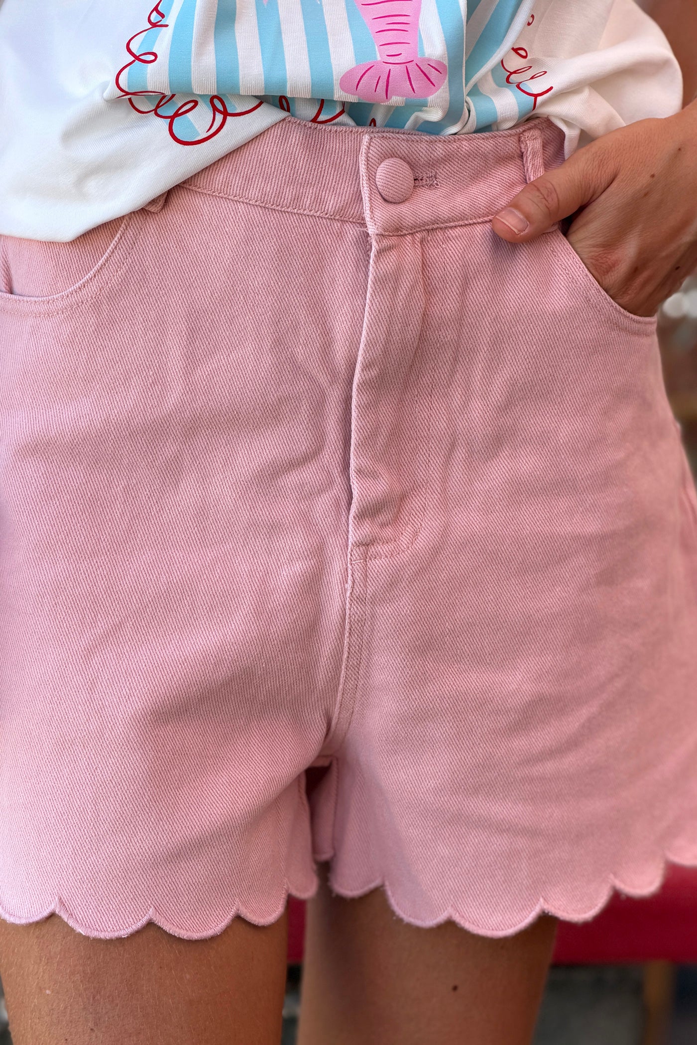 Baby Pink Scalloped Hem Twill Shorts