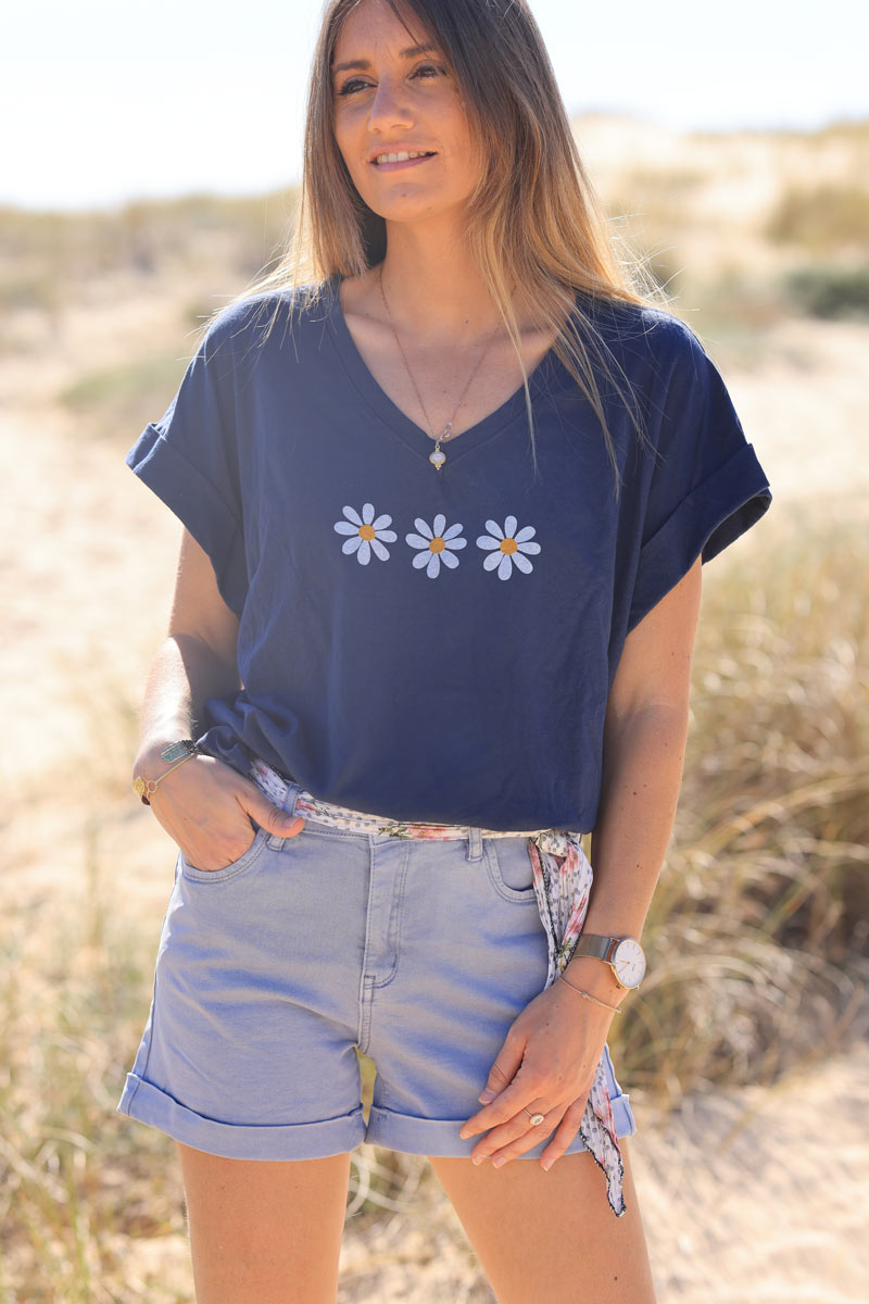 Short en jean stretch bleu ciel délavé ceinture foulard