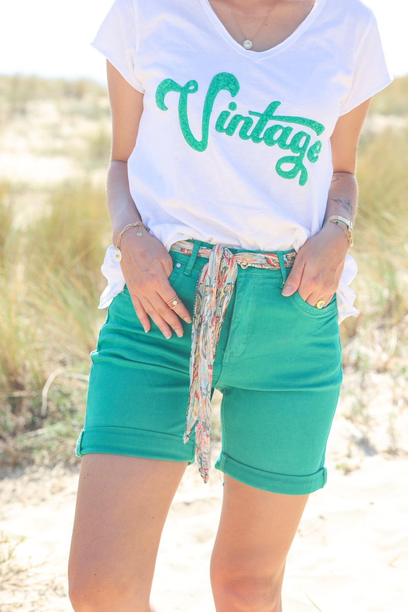 Short en jean vert ceinture foulard g106 (1)