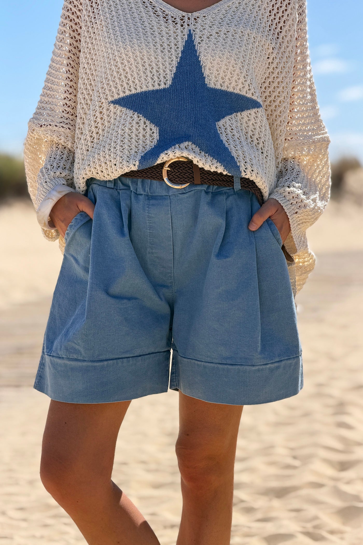 Chambray Denim Shorts with Woven Belt