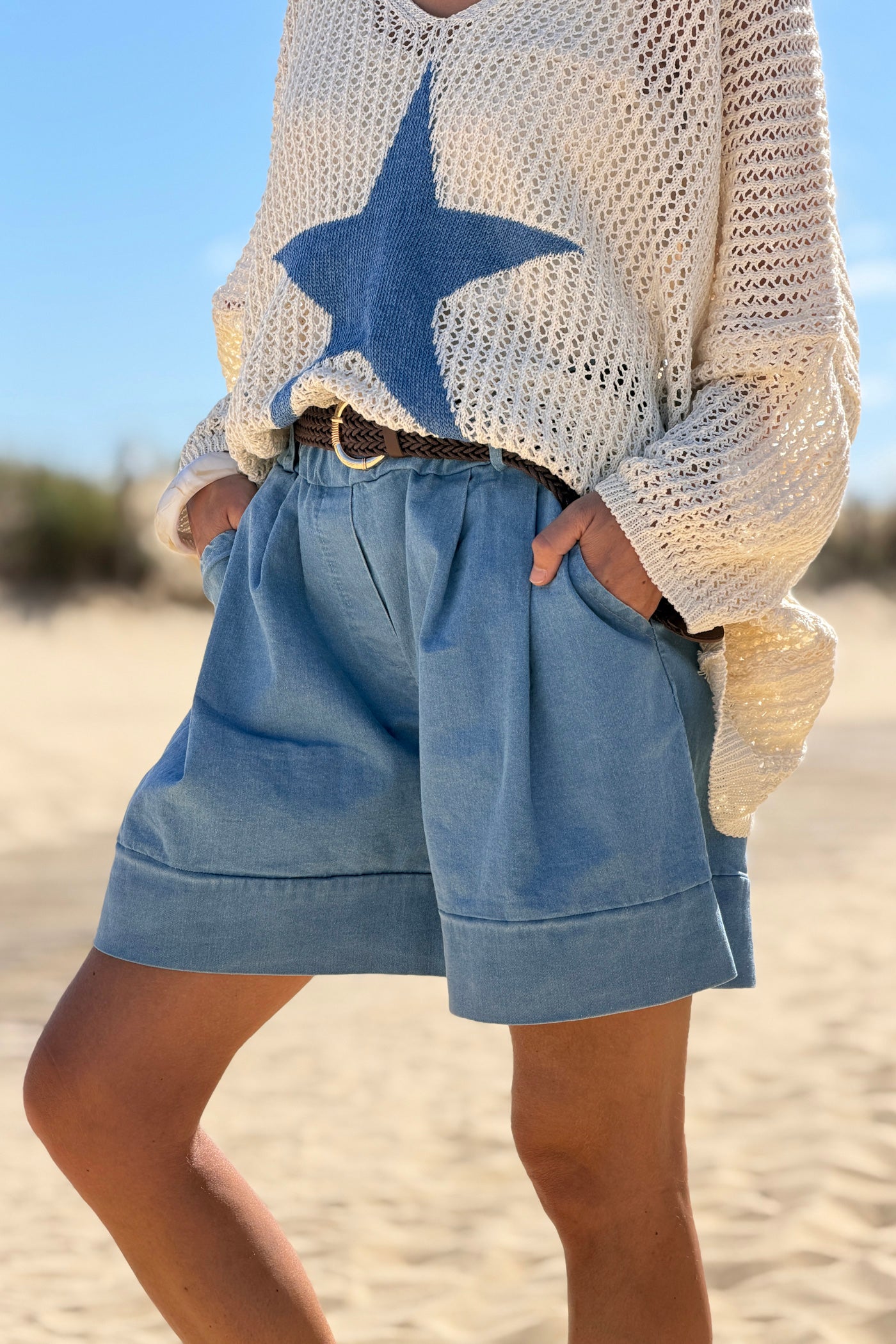 Chambray Denim Shorts with Woven Belt