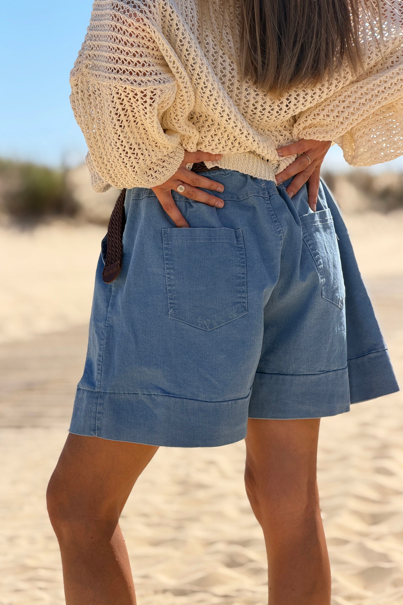 Chambray Denim Shorts with Woven Belt