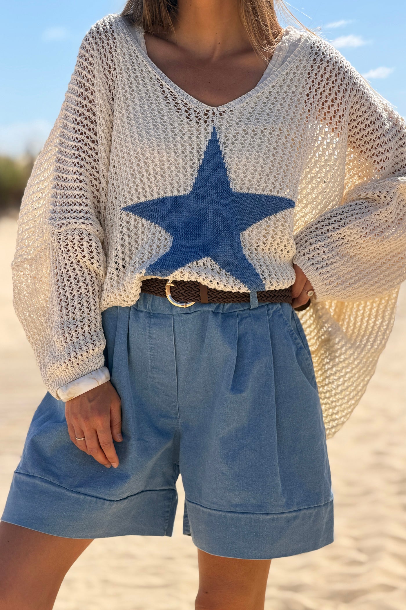 Chambray Denim Shorts with Woven Belt