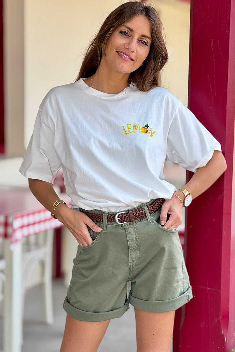 Short kaki en toile confort et stretch ceinture tressée en simili cuir
