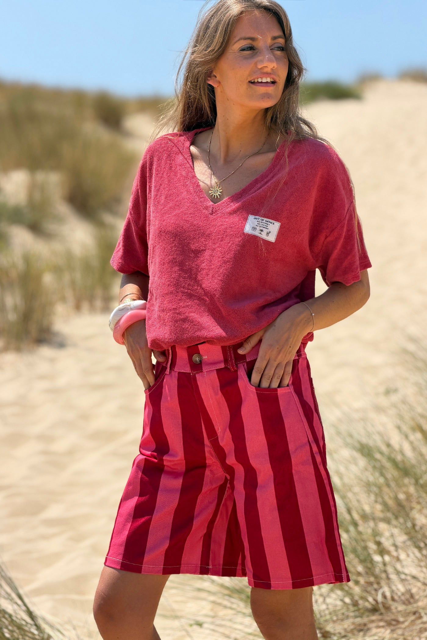 Red Stripe Twill Pull-On Shorts