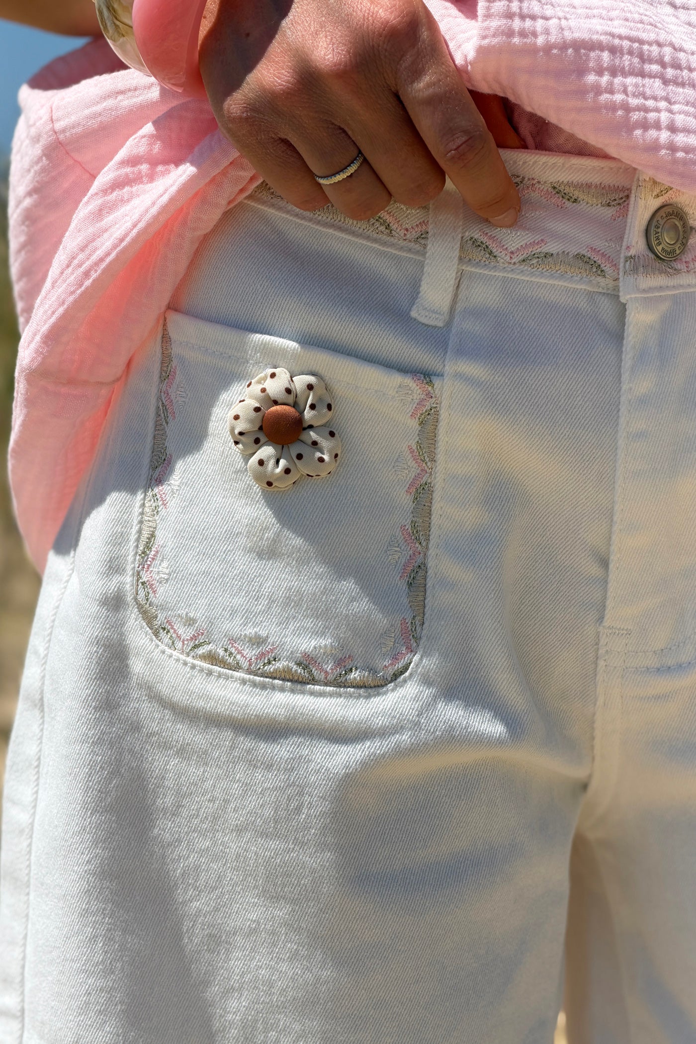 White Floral Patch Pocket Jean Shorts