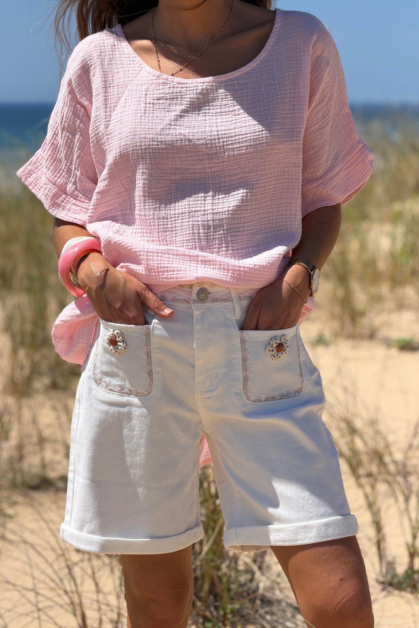White Floral Patch Pocket Jean Shorts