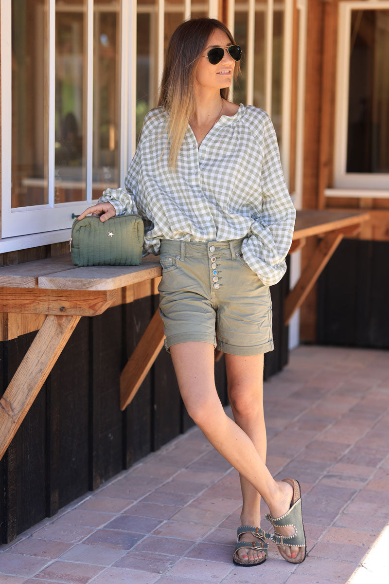 Khaki stretch shorts with rhinestones and turquoise buttons