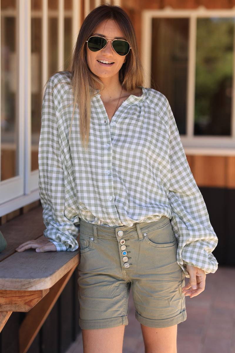 Khaki stretch shorts with rhinestones and turquoise buttons