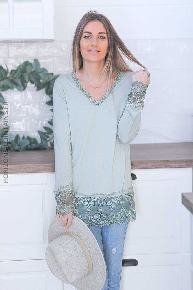 Light khaki long sleeved top with lace trim