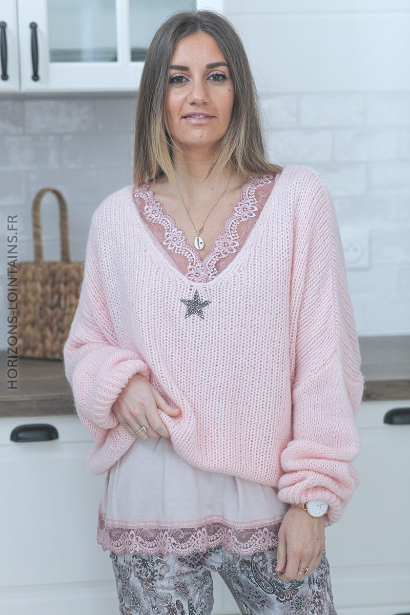 Sous pull rose poudré petite dentelle D295 (1)