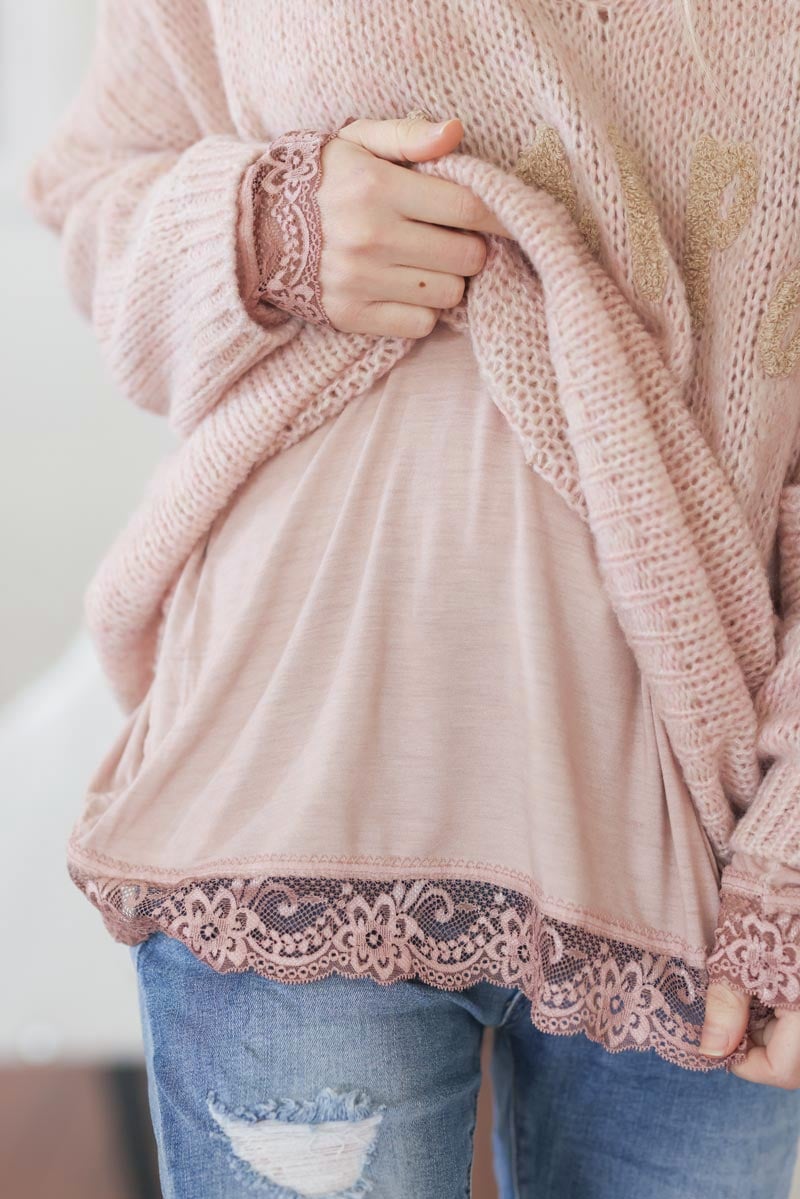 Sous pull tshirt col v dentelle et manches vieux rose d295 (1)