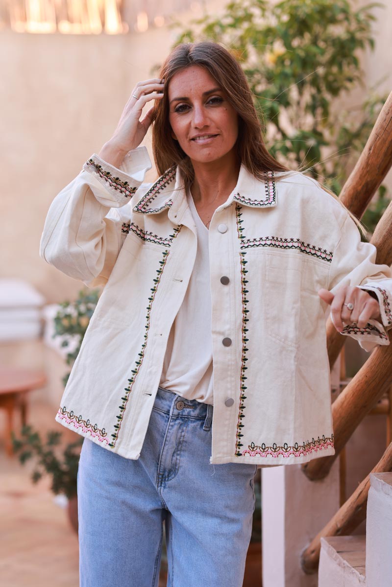 White Embroidered Vine Jean Jacket