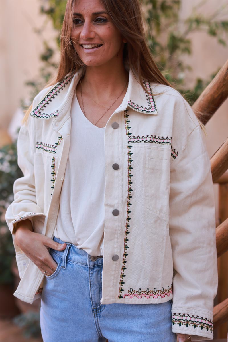 White Embroidered Vine Jean Jacket