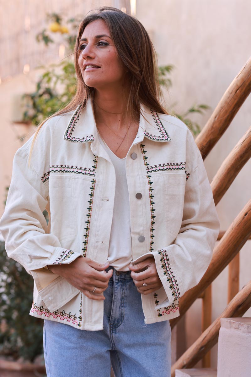 White Embroidered Vine Jean Jacket