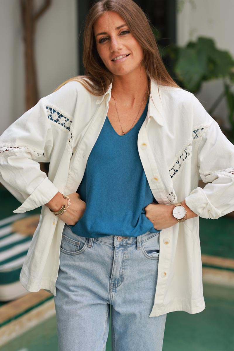 Off White Crochet Inset Denim Shirt Jacket