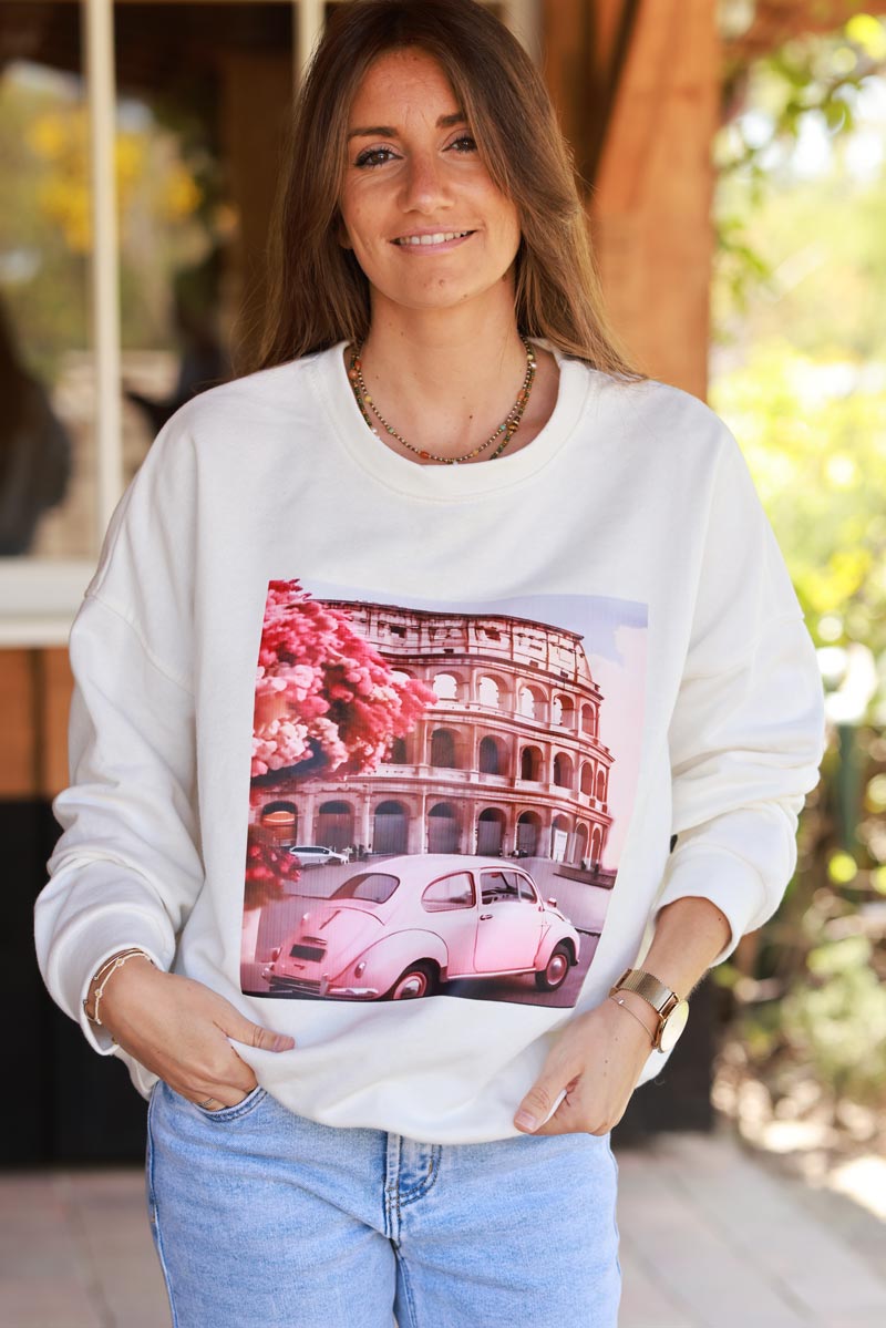 White Roman Holiday Screen Print Sweater