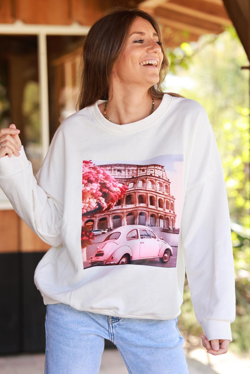 White Roman Holiday Screen Print Sweater