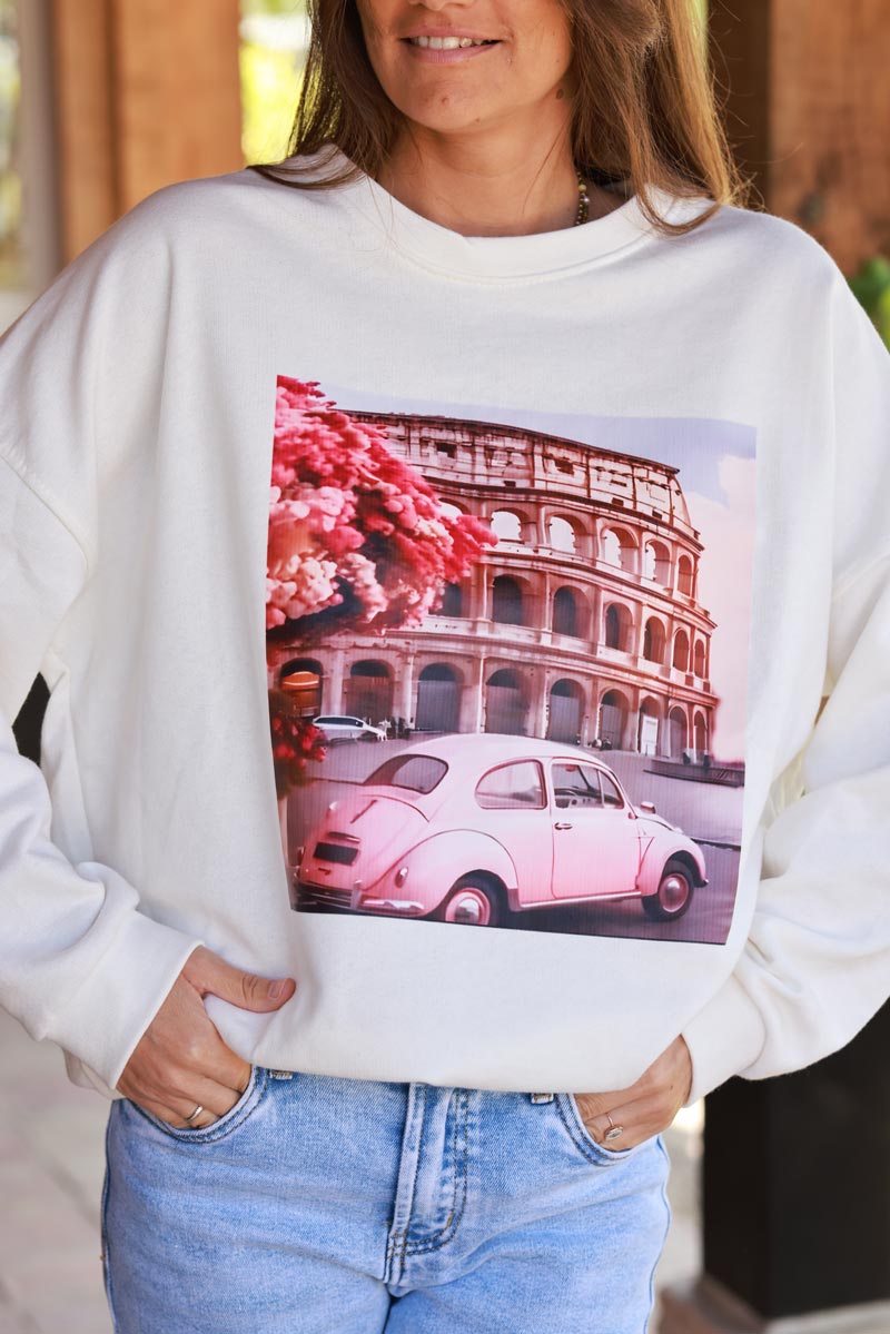 White Roman Holiday Screen Print Sweater