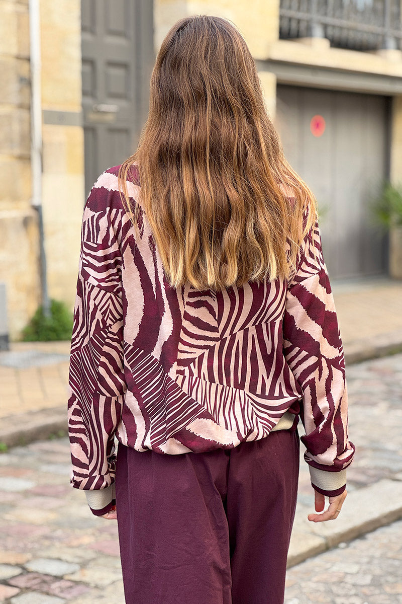 Sweat confort imprimé graphique zèbre aubergine