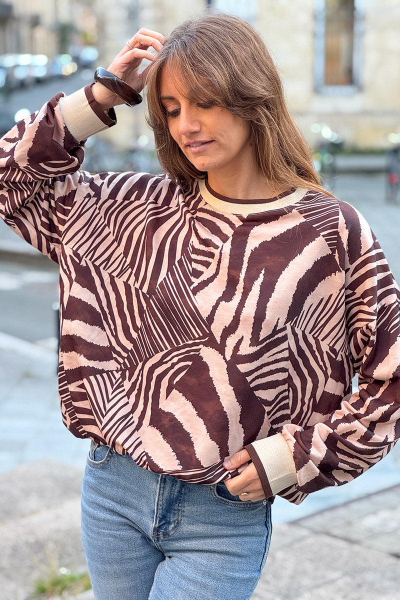 Sweat confort imprimé graphique zèbre marron