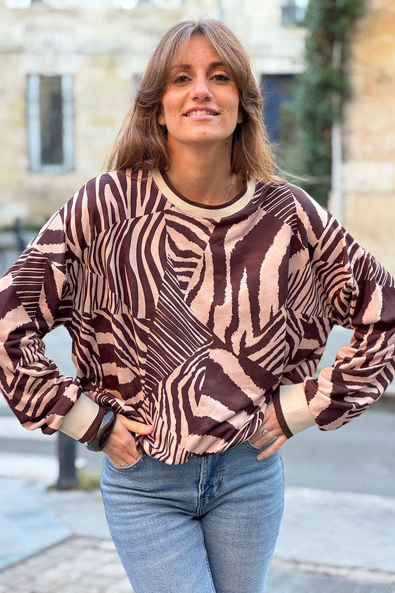 Sweat confort imprimé graphique zèbre marron