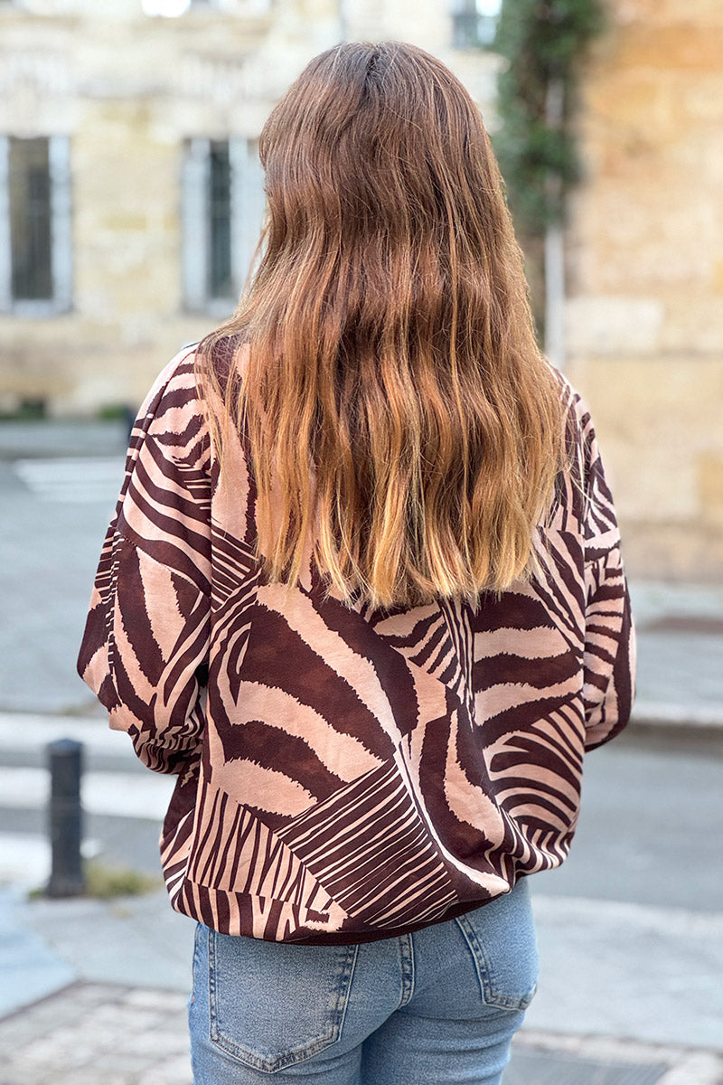 Sweat confort imprimé graphique zèbre marron