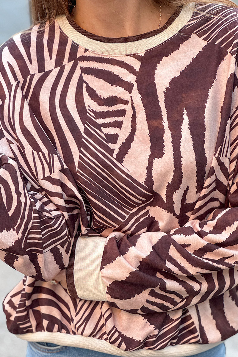Sweat confort imprimé graphique zèbre marron