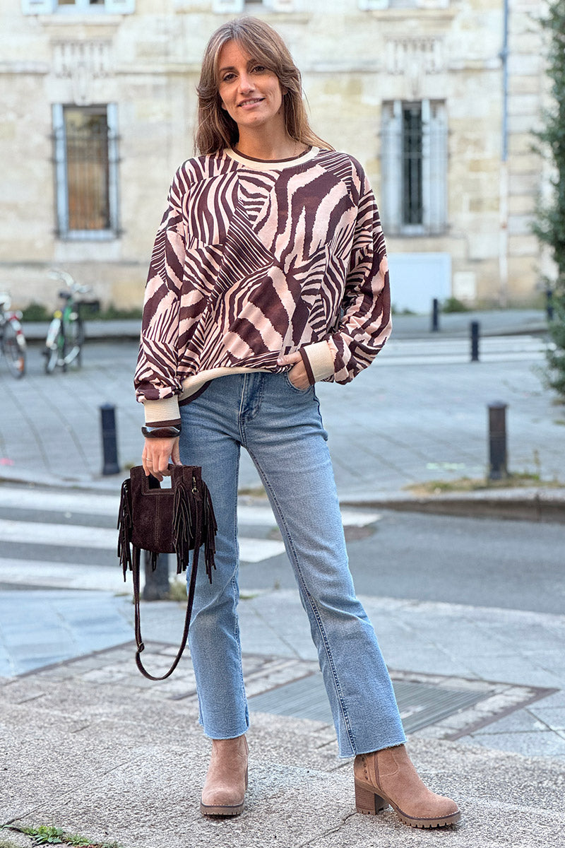 Sweat confort imprimé graphique zèbre marron